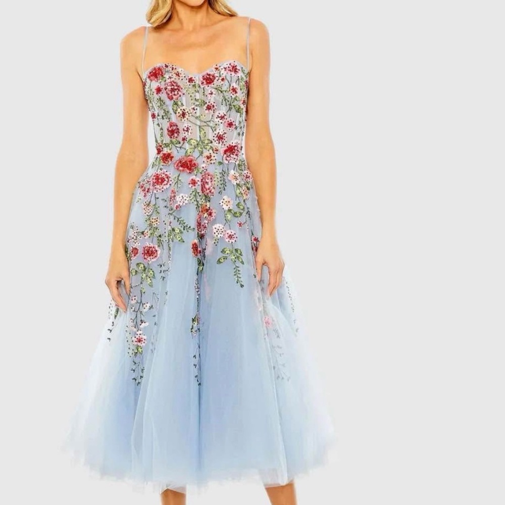 Mac Duggal Blue Bustier Embroidered Floral A-Line Dress